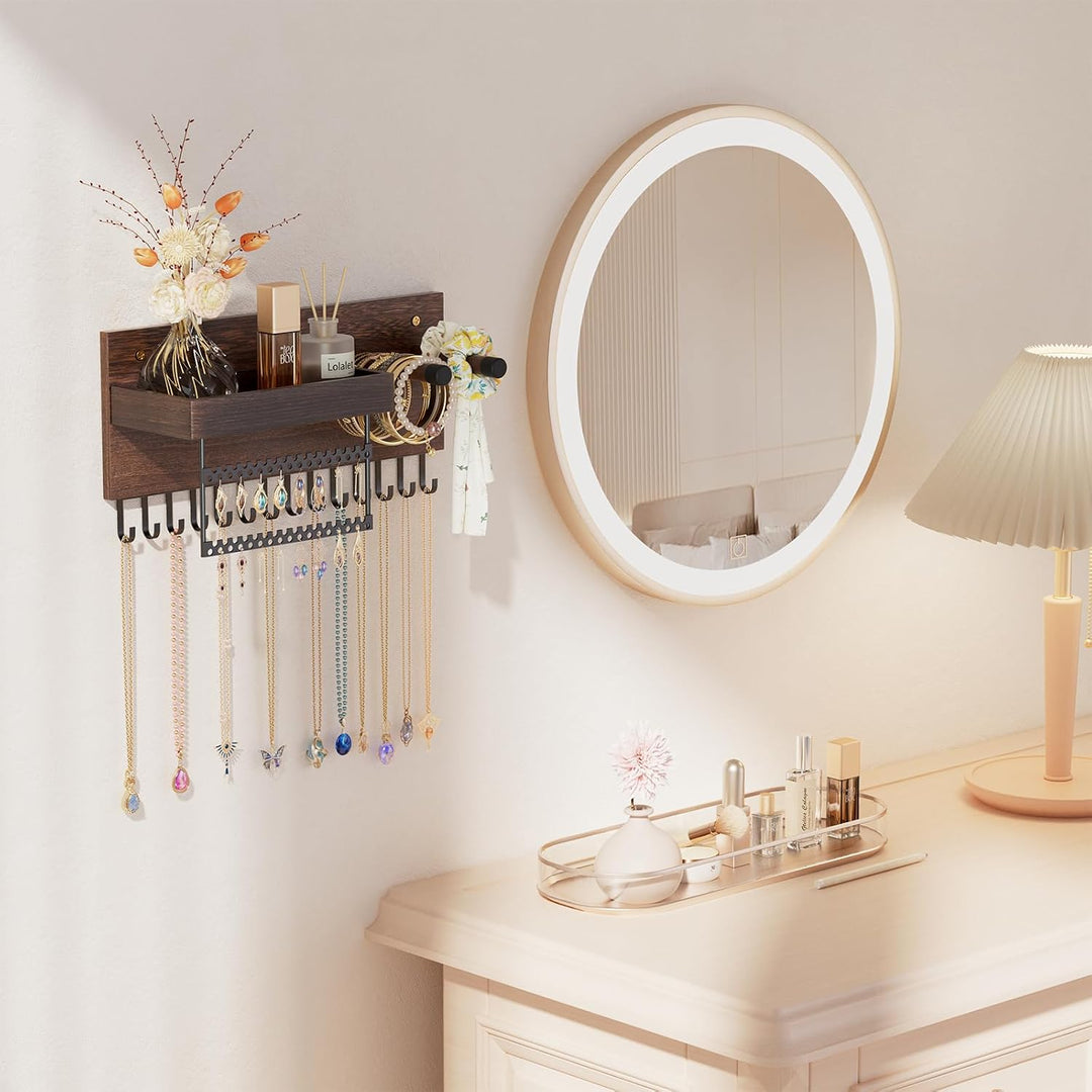 Lolalet Hängeschmuck Organizer, Hölzerne Schmuckaufbewahrungsregal mit 15 Haken, Wandmontierte Halsk