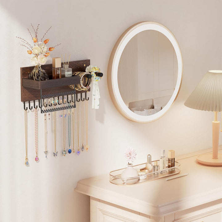 Lolalet Hängeschmuck Organizer, Hölzerne Schmuckaufbewahrungsregal mit 15 Haken, Wandmontierte Halsk