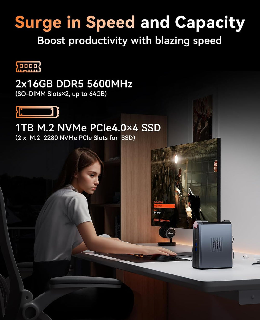 Mini PC Gaming AMD Ryzen 7 8845HS(8C/16T,4nm,bis zu 5,1 GHz), 32GB DDR5 5600MHz, 1TB NVME PCIe4.0 SS