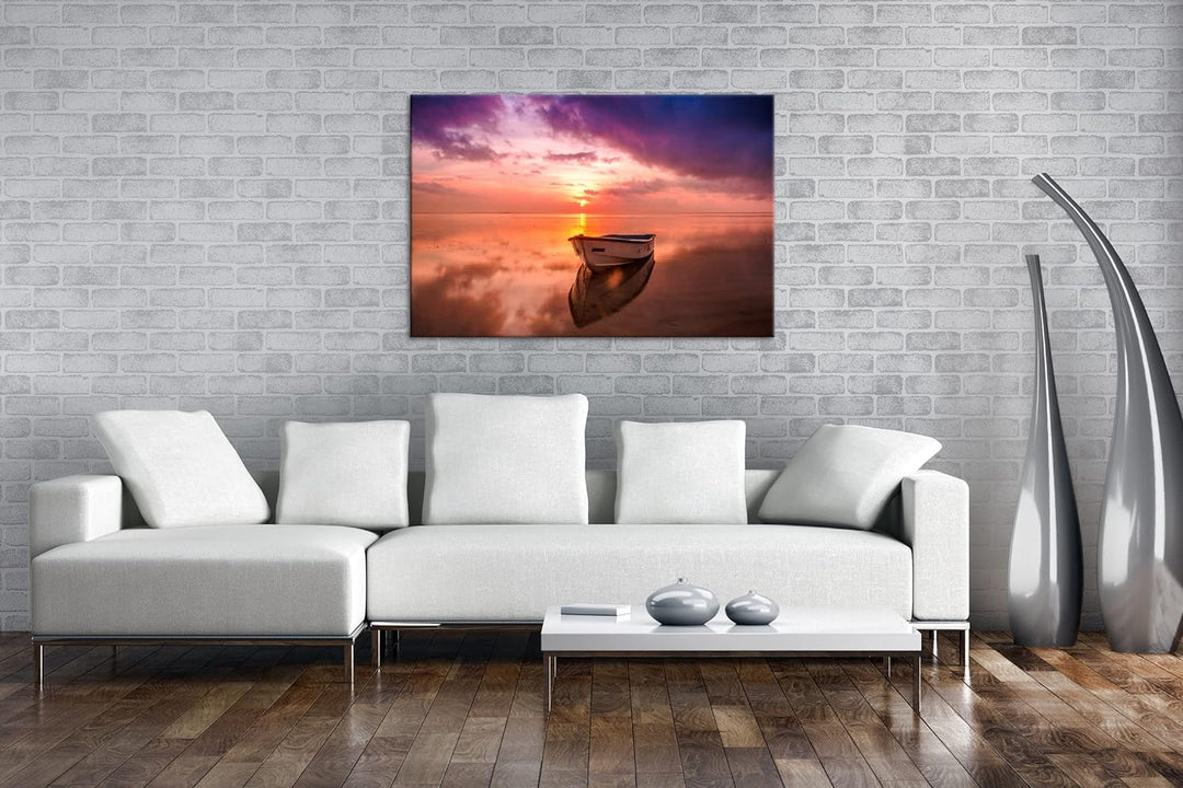 deyoli Einsames Boot im Sonnenuntergang Format:90x60 cm als Leinwandbild, Motiv fertig gerahmt auf E