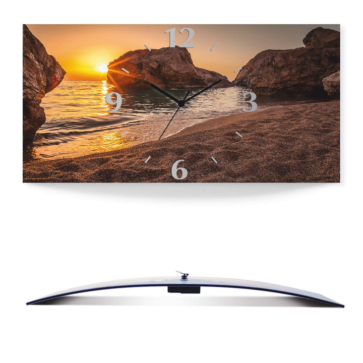 ARTLAND Wanduhr ohne Tickgeräusche Alu Quarzuhr 60x30 cm Rechteckig Lautlos Strand Meer Felsen Sonne
