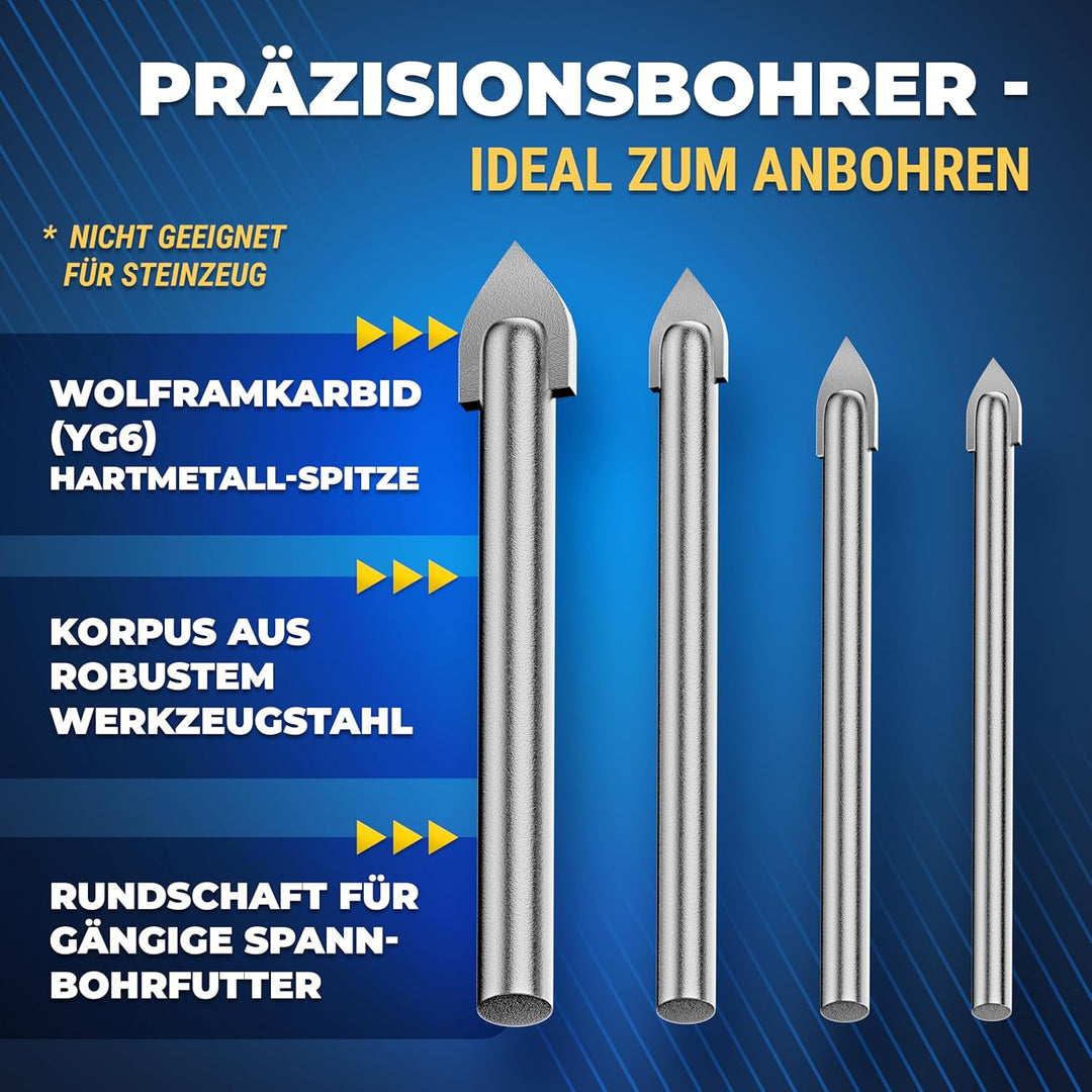 S&R Diamantbohrer Set 8-tlg, 4 x Diamant-Bohrer 5, 6, 8, 10 mm, 4 x YG8 Karbid Hartmetall-Bohrer 4,