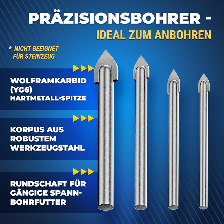 S&R Diamantbohrer Set 8-tlg, 4 x Diamant-Bohrer 5, 6, 8, 10 mm, 4 x YG8 Karbid Hartmetall-Bohrer 4,