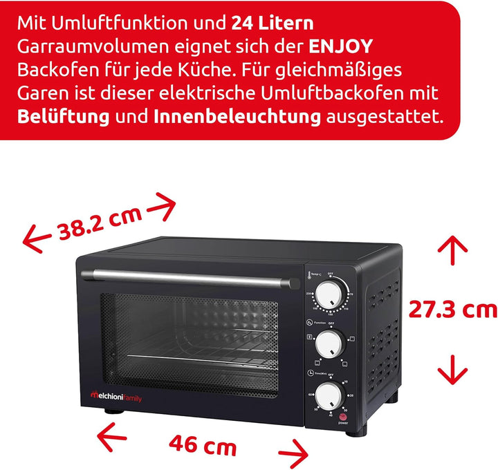 Melchioni family ENJOY 24 Elektro belüfteter Ofen 24 Liter, Legierter Stahl, 24 liters, Schwarz