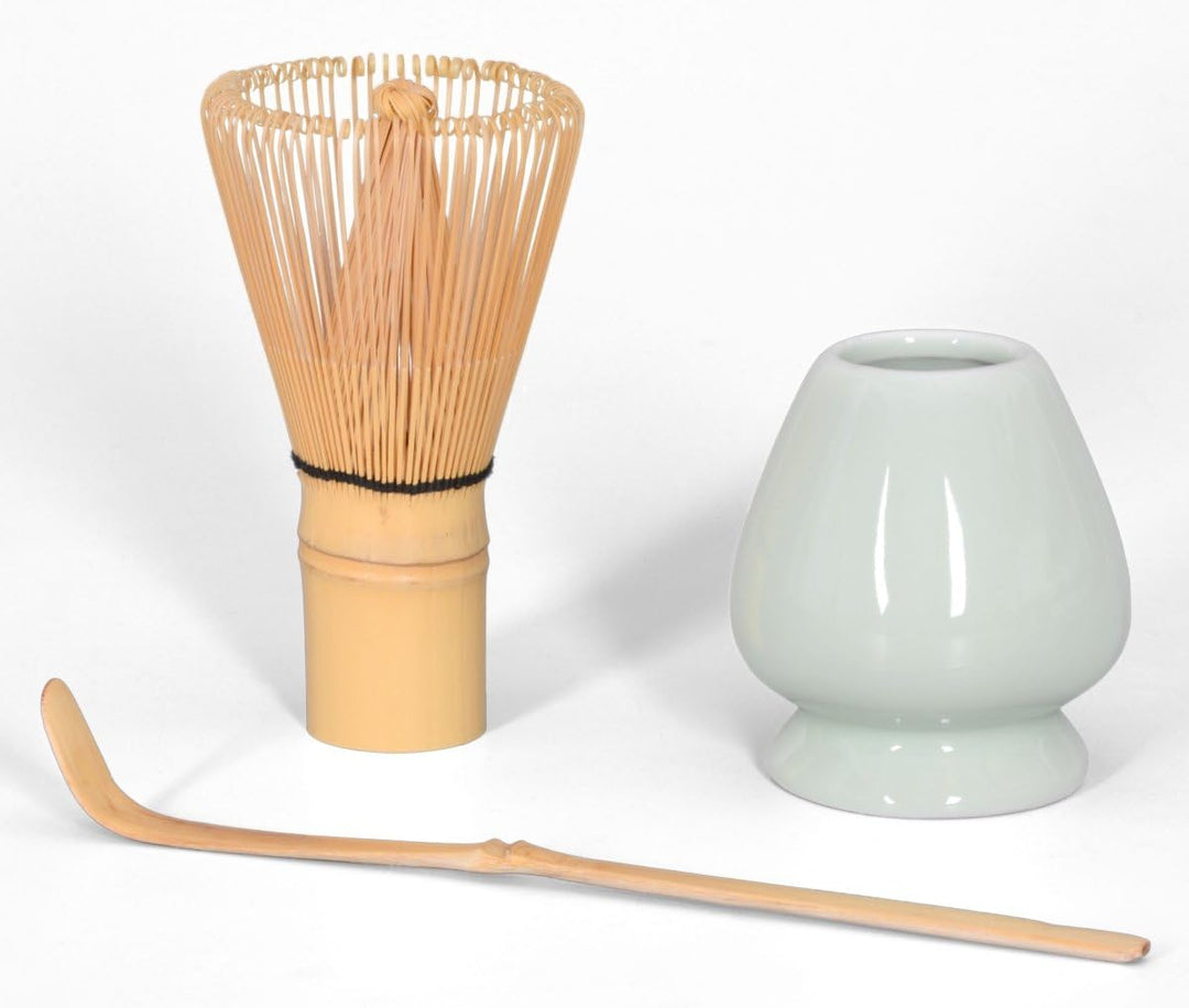 Aricola Matcha Komplett Set 5-teilig, Schale himmelblau, mit Bambuslöffel, Bambusbesen, Besenhalter