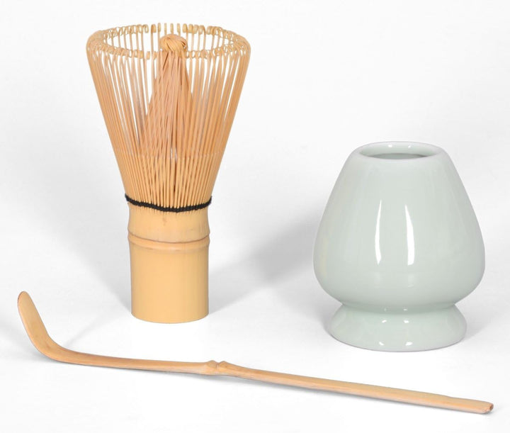 Aricola Matcha Komplett Set 5-teilig, Schale himmelblau, mit Bambuslöffel, Bambusbesen, Besenhalter