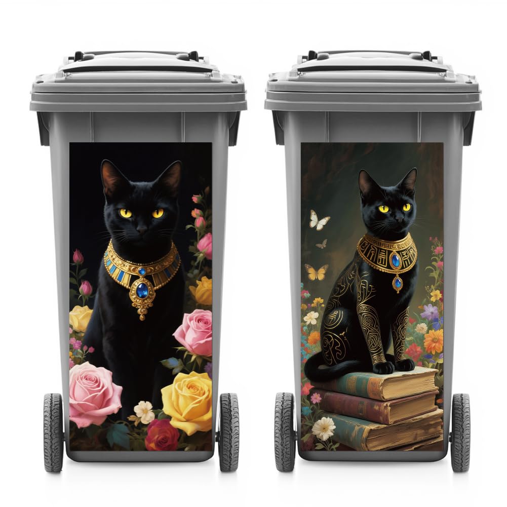 ANATTASOUL Mülleimer Aufkleber, 2 Blätter Mülltonnen Aufkleber 38×82cm Pharao Schwarze Katze Selbstk