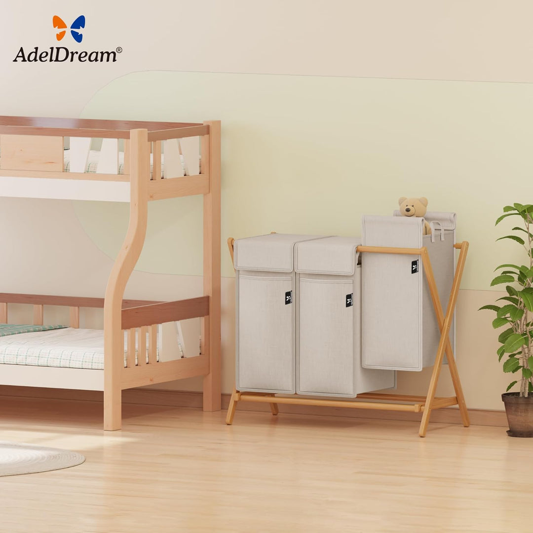 AdelDream Wäschekorb 3 Fächer 150L Bambus Wäschesammler Wäsche Sortiersystem X-förmige Wäschebox lau