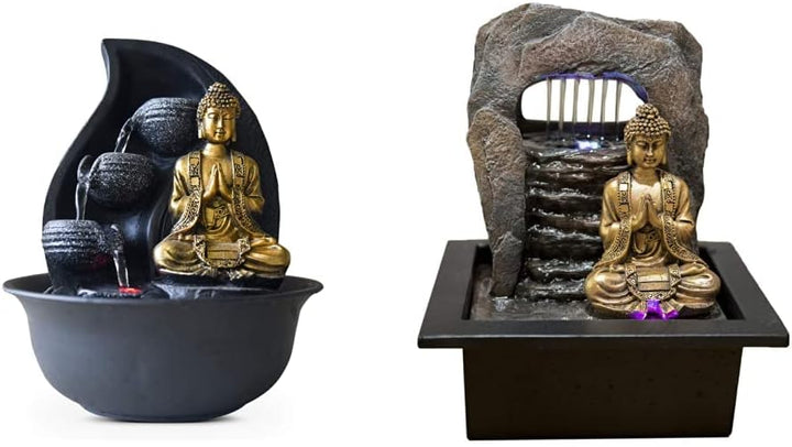 Zen Light Praya Zimmerbrunnen mit Pumpe und LED-Beleuchtung, Kunstharz, Gold & Zen'Light Zen Dao Spr
