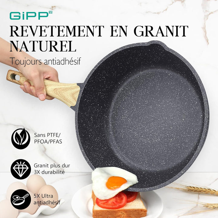GiPP 28 cm Wokpfanne mit Deckel, Antihaft Pfanne mit Deckel 28cm Hoher Rand, Granit-Antihaftbeschich