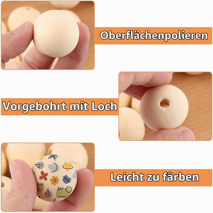 100 Stück 30mm Holzperlen zum Auffädeln mit Bastelseilen, Runde Holzkugeln mit Loch, Unbehandelte Pe