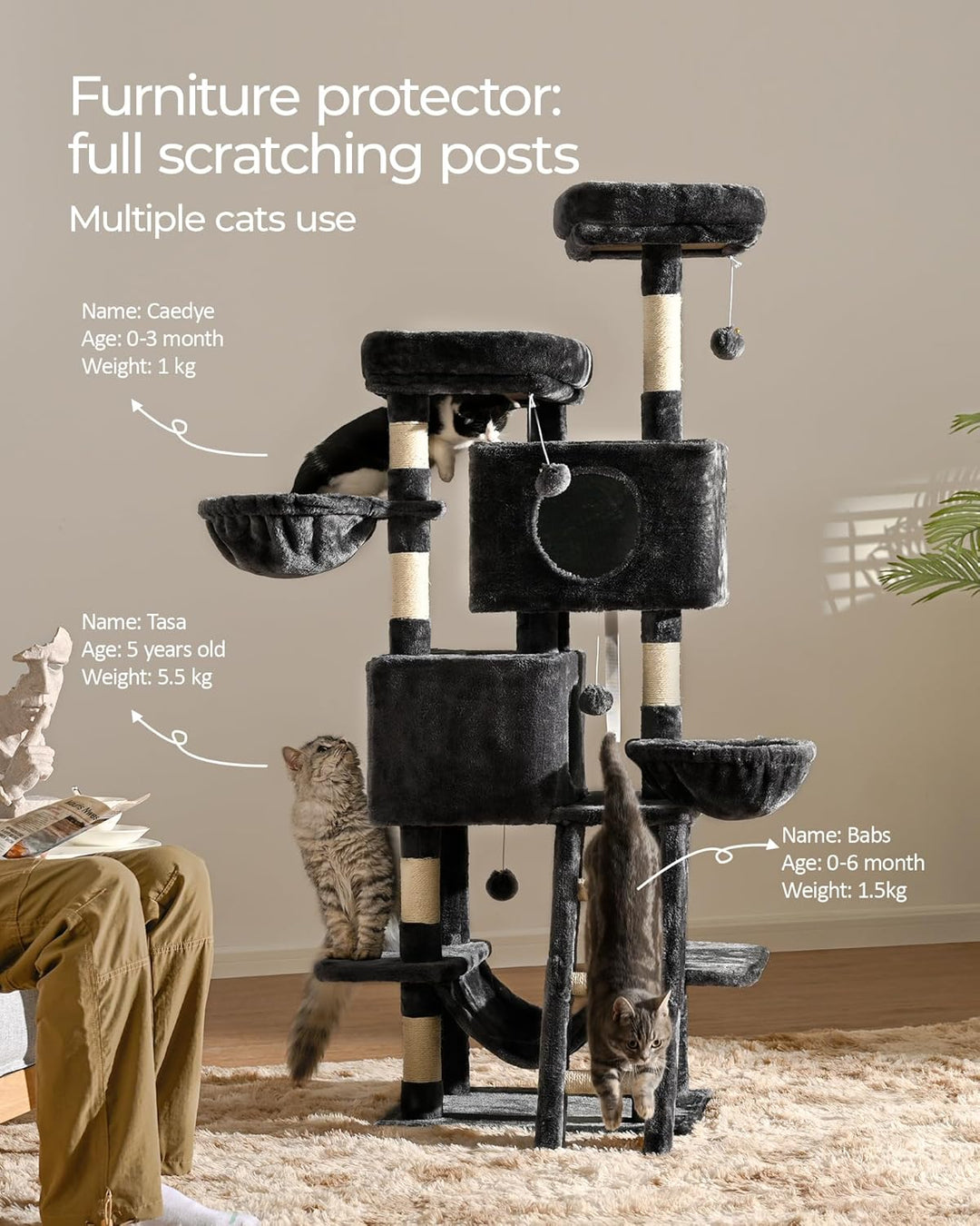 FourFurPets Kratzbaum 160 cm hoch, Aktivitätsbaum für Katzen, mit 2 Plattformen, 2 Höhlen, 2 Korb, H