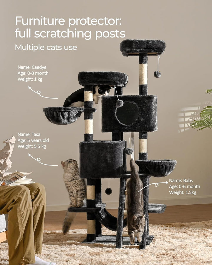 FourFurPets Kratzbaum 160 cm hoch, Aktivitätsbaum für Katzen, mit 2 Plattformen, 2 Höhlen, 2 Korb, H