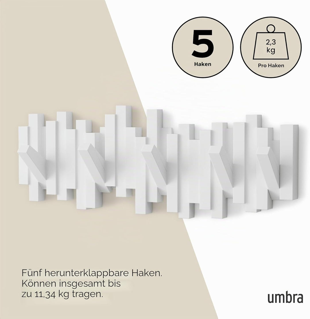 Umbra Stäbchen Garderobenhaken – Moderne und Platzsparende Garderobenleiste mit 5 Beweglichen Haken