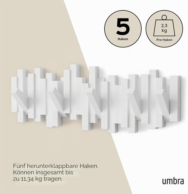 Umbra Stäbchen Garderobenhaken – Moderne und Platzsparende Garderobenleiste mit 5 Beweglichen Haken