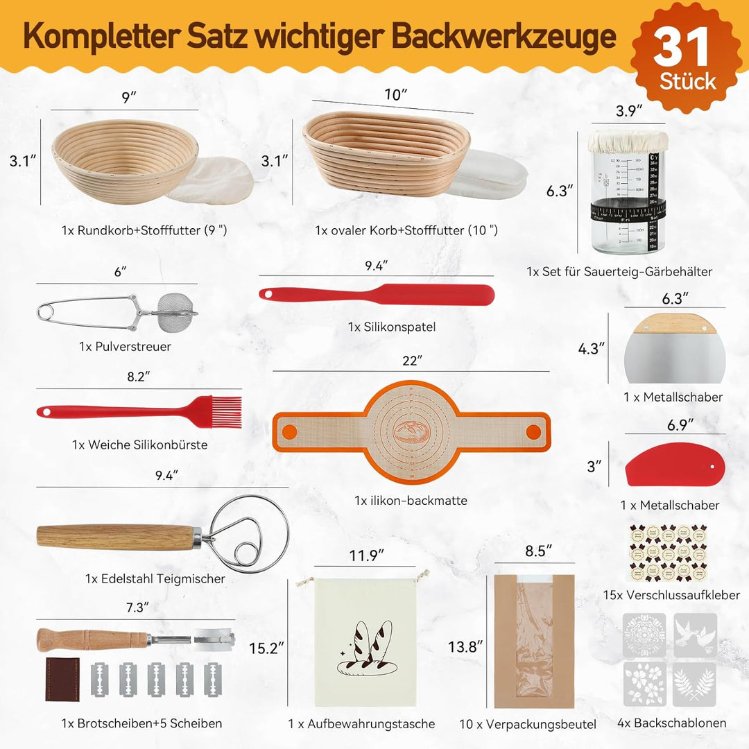 Gärkörbchen Rund + Ovale, Sauerteig Starter Set, 31-teilig Gärkorb Brot, Mit Sauerteig Starterglas,