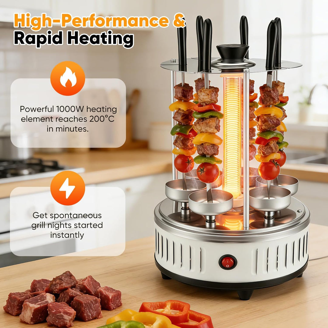 Vertikaler Elektrischer Grill, 1000W Elektrogrill Schaschlikgrill mit 6 Spiesse, Rotierende Grill fü