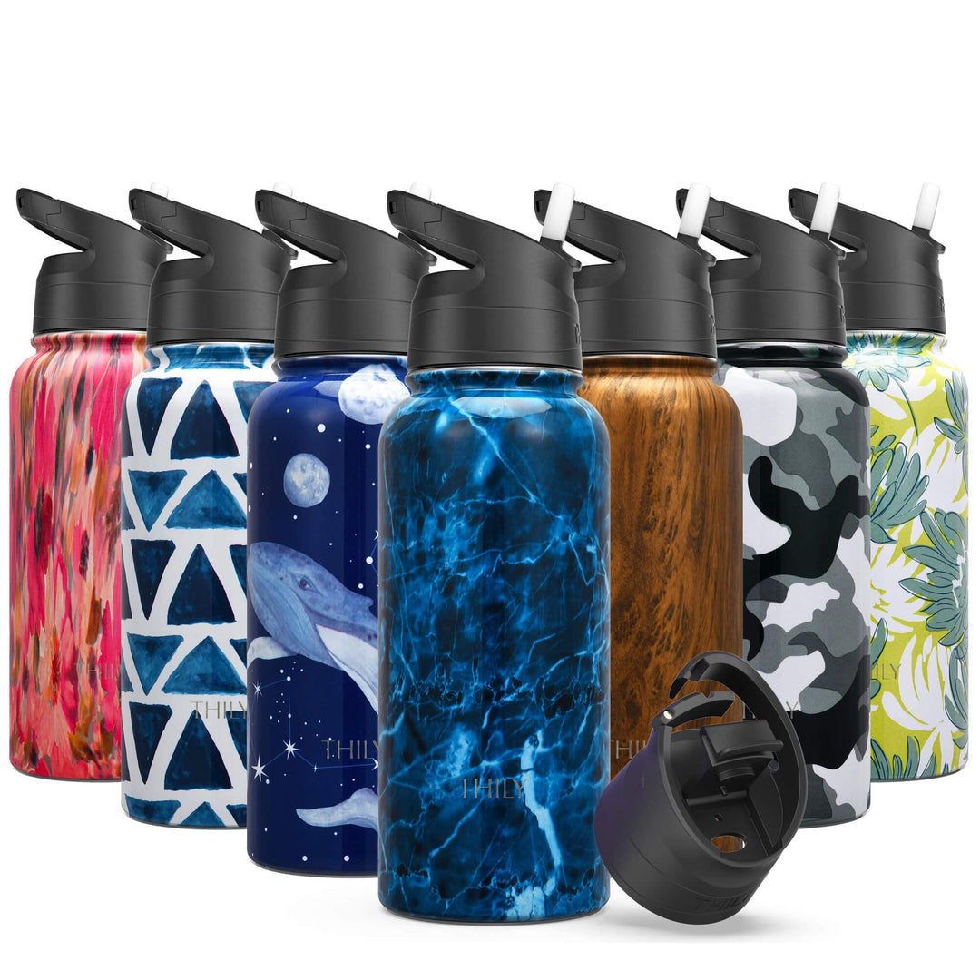 Vakuumisolierte Sport-Wasserflasche - THILY 945 ml Edelstahl-Weithalsflasche mit Flip-Deckel und Str