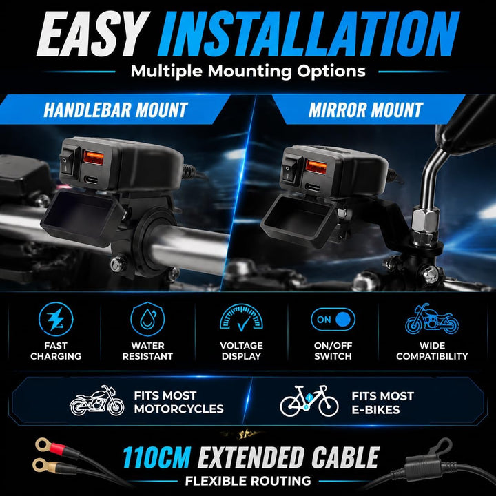 Motorrad USB Ladegerätr, PD3.0& QC3.0-Schnellladeanschlüsse, wasserdicht und staubdicht mit LED-Volt