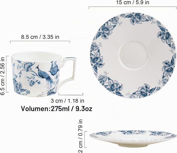 fanquare 250ml Bone China Teetasse und Untertasse Set für 1, Blaue und Weisse Kaffeetasse mit Teller