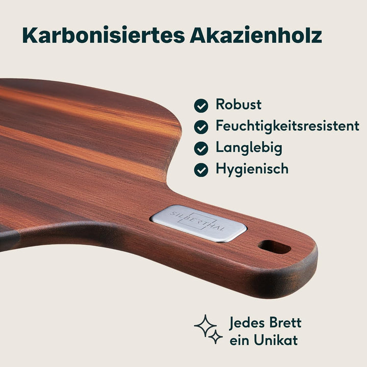 SILBERTHAL Pizzabrett 30 cm Akazienholz - 6-Eck-Design | Servierbrett mit ergonomischer Griff, geölt