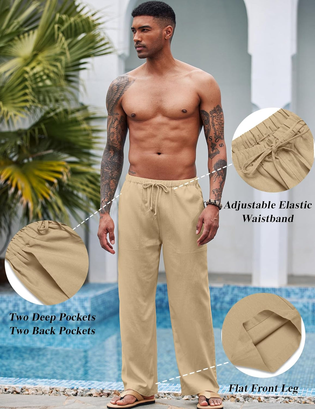 COOFANDY Herren Leinenhose mit Kordelzug Leicht Sommerhose Freizeithose Strandhose Urlaub Einfarbig