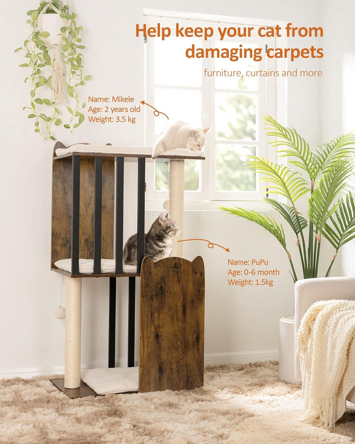 FourFurPets 3-stufiger moderner Kratzbaum, 111 cm hoch, Katzenbaum, mit 2 Voll Sisal Kratzsäulen, 3