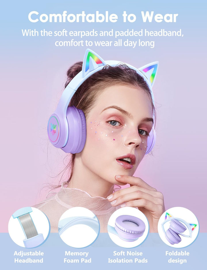 Bluetooth-Kopfhörer mit LED-Katzenohren – Kabelloses Over-Ear Headset mit Mikrofon, Hi-Fi Stereo-Sou