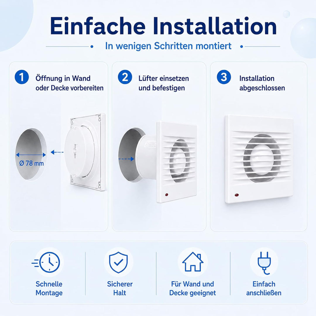 Badlüfter 150mm, 197m³/h Abluftventilator Küche, Badlüfter mit Rückstauklappe, 1.5m EU-Netzkabel für