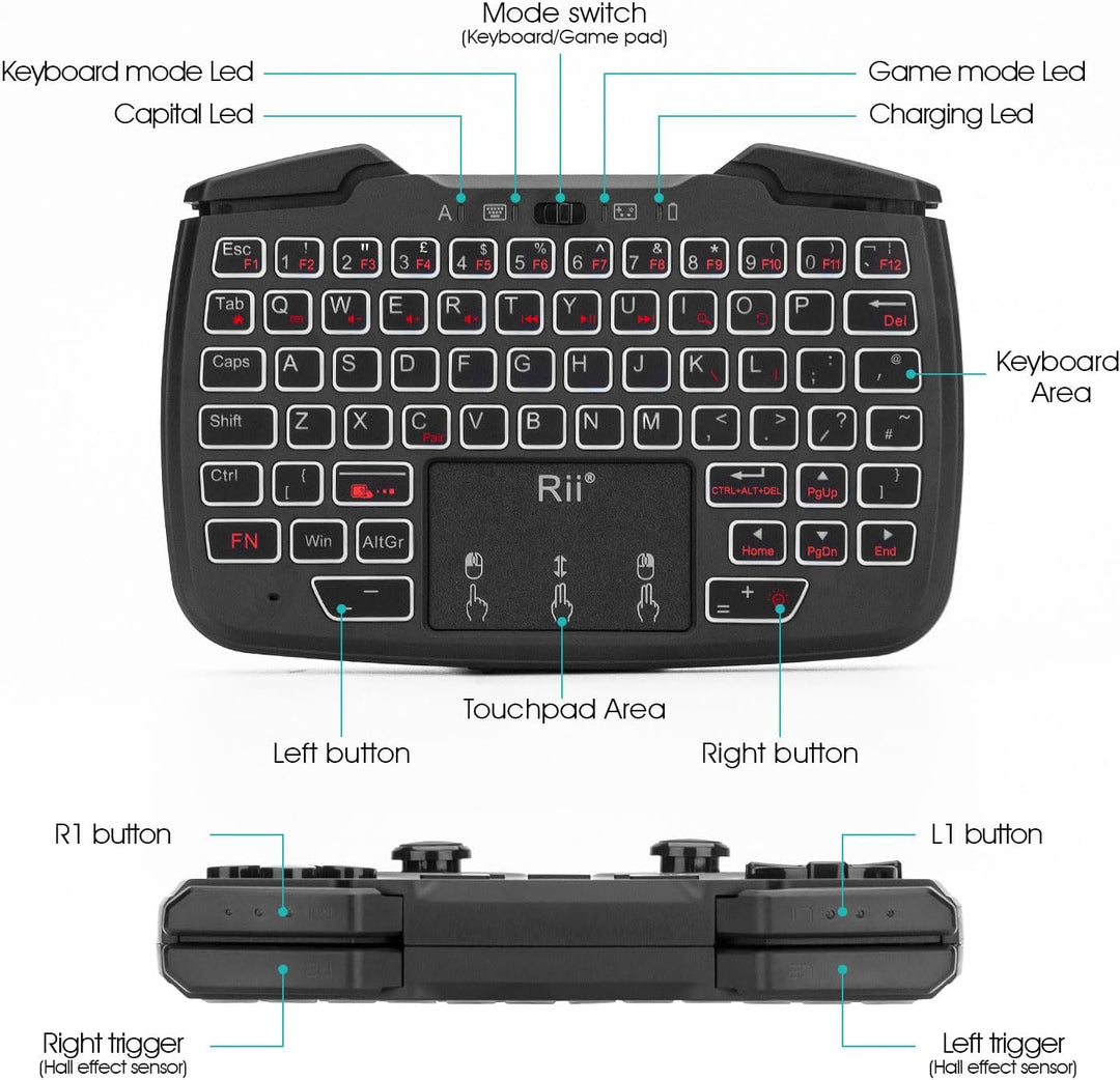Rii RK707 Mini-Tastatur- und Maus-Kombination mit Trackpad, Media-Tastatur-Maus mit Game-Controller,
