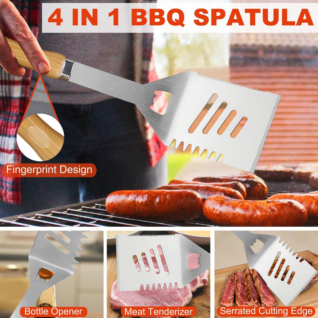 N NOBLE FAMILY Premium Grillzubehör Set mit Bambusmaserung Glatter Griff - 30PCS Edelstahl Grill Set