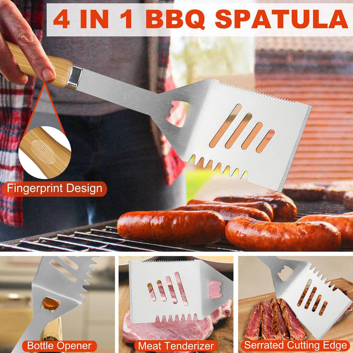 N NOBLE FAMILY Premium Grillzubehör Set mit Bambusmaserung Glatter Griff - 30PCS Edelstahl Grill Set