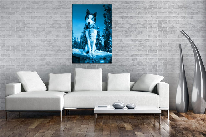 deyoli knuffiger Husky Format 100x70 Effekt: Monocrome Blau als Leinwandbild, Motiv fertig gerahmt a