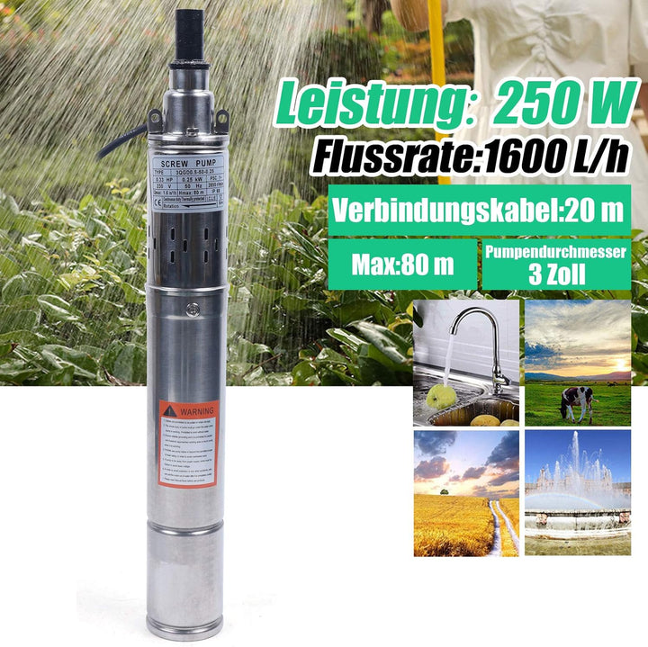 WooDerson 0.33Hp Tiefbrunnenpumpe, 220V 250W Tauchpumpe 1600L/H, Wasserpumpe Tiefbrunnen Mit 20m Kab