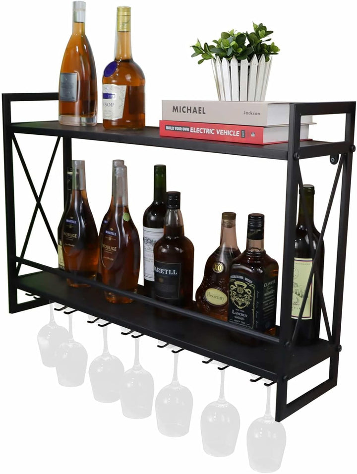 CNNINGYI Industrielle Wand-Weinregale mit Glashalter, 31,5 Zoll rustikale Metall-Mehrzweckregale, 2-
