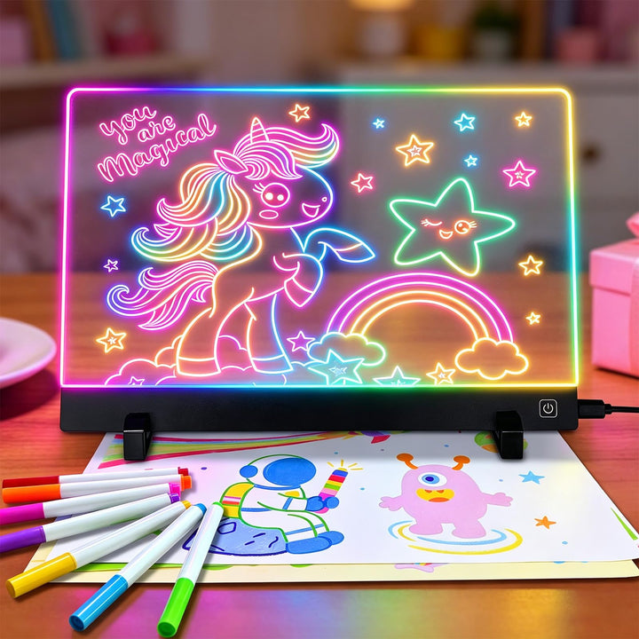 LED Zeichenbrett Tafel, 30x20cm LED Maltafel, Leuchttafel mit 7 Farben & 4 Lichtmodi, Notiztafel Sch