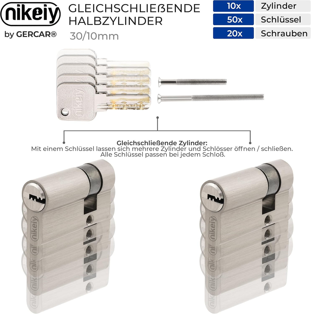 GERCAR Pro Gleichschliessend 10x Halbzylinder 30/10 Set 10x Garagentor Profil-Halbzylinder inkl. 50