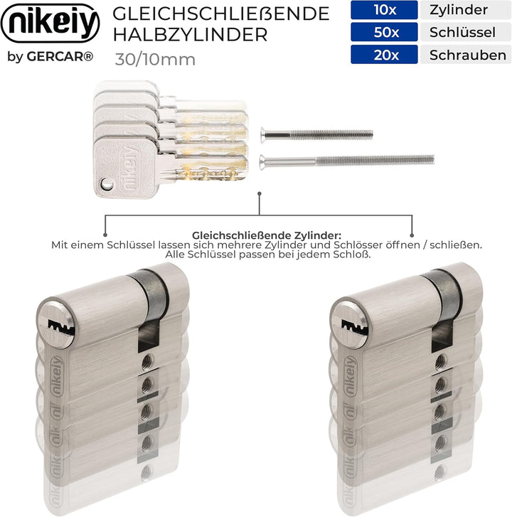 GERCAR Pro Gleichschliessend 10x Halbzylinder 30/10 Set 10x Garagentor Profil-Halbzylinder inkl. 50