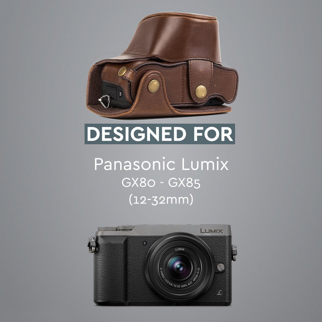 MegaGear Panasonic Lumix DMC-GX85, GX80 mit 12-32mm Objektiv Ever Ready Leder Kamera-Case mit Trager
