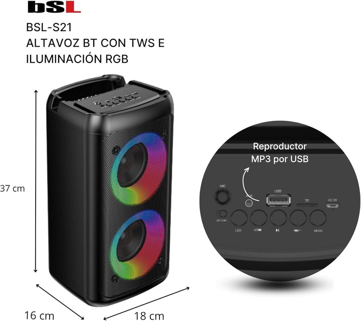 Bluetooth-Lautsprecher BSL-S21 mit Beleuchtung an den Lautsprechern | 2 Lautsprecher mit 4 Zoll | 20