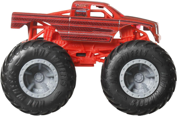 Hot Wheels Monster Trucks 4er-Pack, Set aus 4 Spielzeugfahrzeugen im Massstab 1:64 mit riesigen Räde