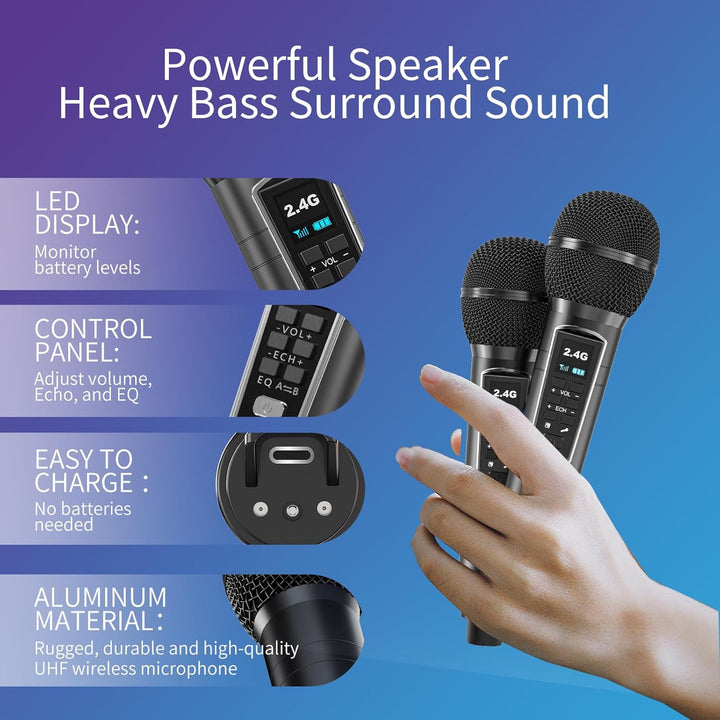 Tragbarer Karaoke Maschine,Karaoke mit 30W Bluetooth Lautsprecher,2 Kabellosen Karaoke-MikrofonWiede