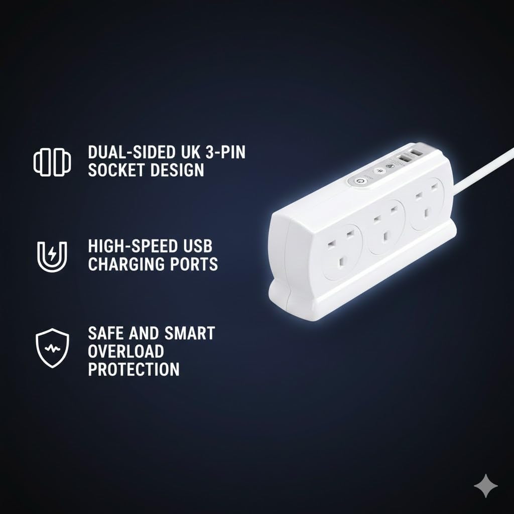 Masterplug Robustes Verlängerungskabel mit 6 Steckdosen, geschaltet, Überspannungsschutz, mit 2 USB-