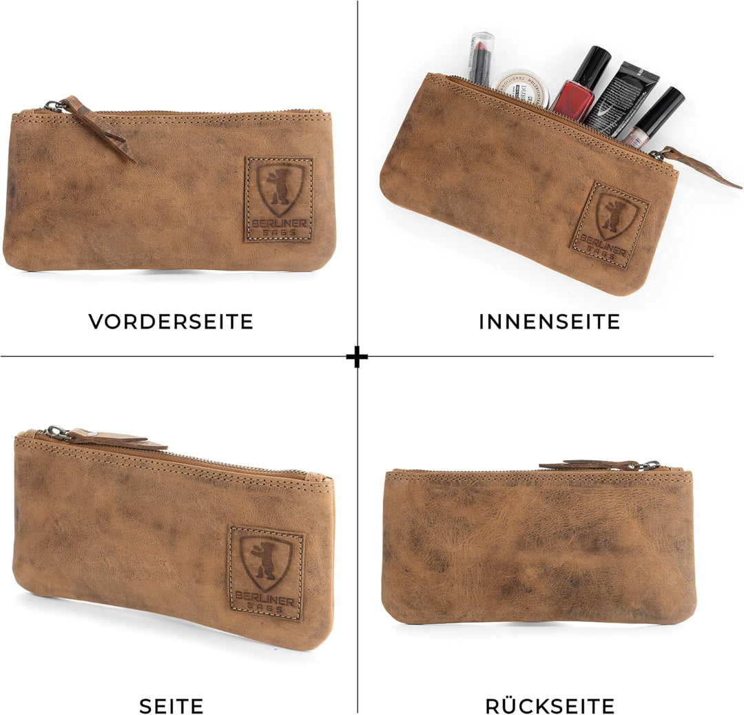 Berliner Bags Vintage Federmäppchen Etui aus Leder mit YKK-Reissverschluss, Robuste Federmappe für S