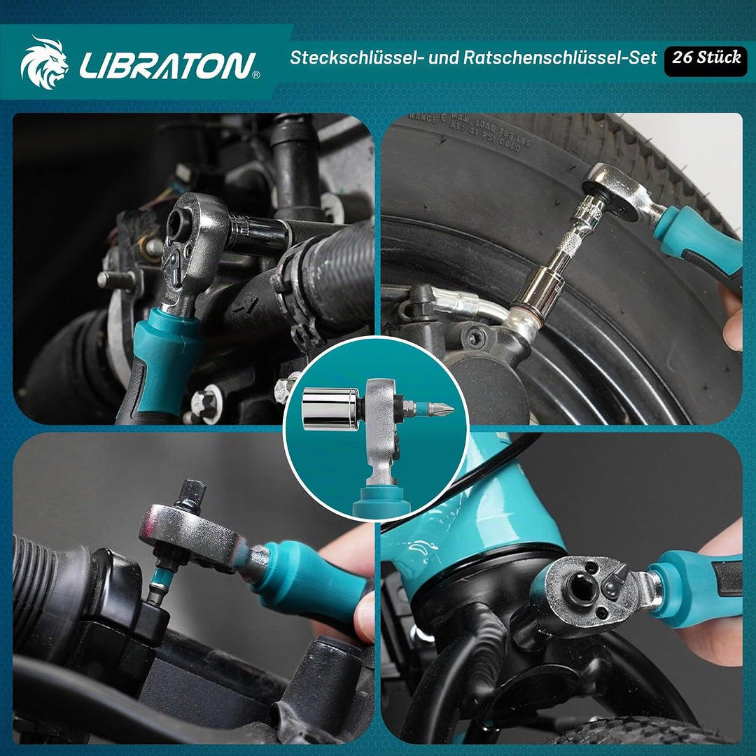 LIBRATON 26-tlg. 1/4 Zoll Ratschenkasten Mini Steckschlüsselsatz mit Bits, 4-14mm Stecknuss, Antrieb