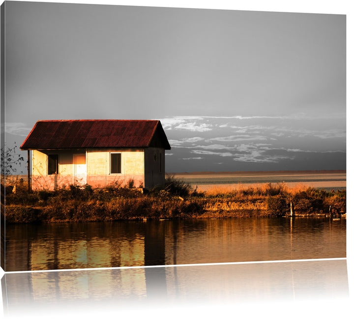Pixxprint Haus am See bei Sonnenuntergang als Leinwandbild/Grösse: 100x70 cm/Wandbild/Kunstdruck/fer