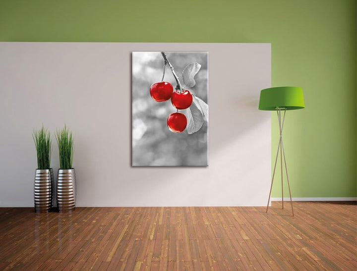 Pixxprint glänzende Kirschen am Zweig schwarz/weiss, Format: 80x120 auf hochkantiges Leinwand, XXL r