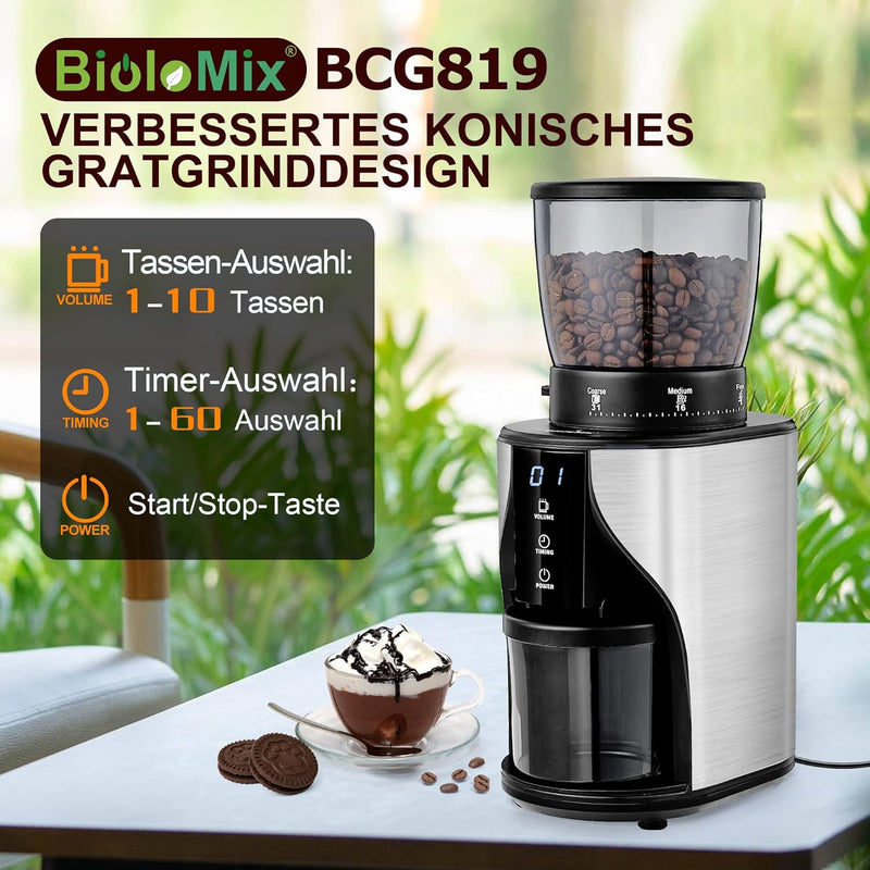 Biolomix Kaffeemühle Elektrisch, Elektrische Kegelmühlen mit 31 Mahleinstellungen, Kegelmahlwerk, fü