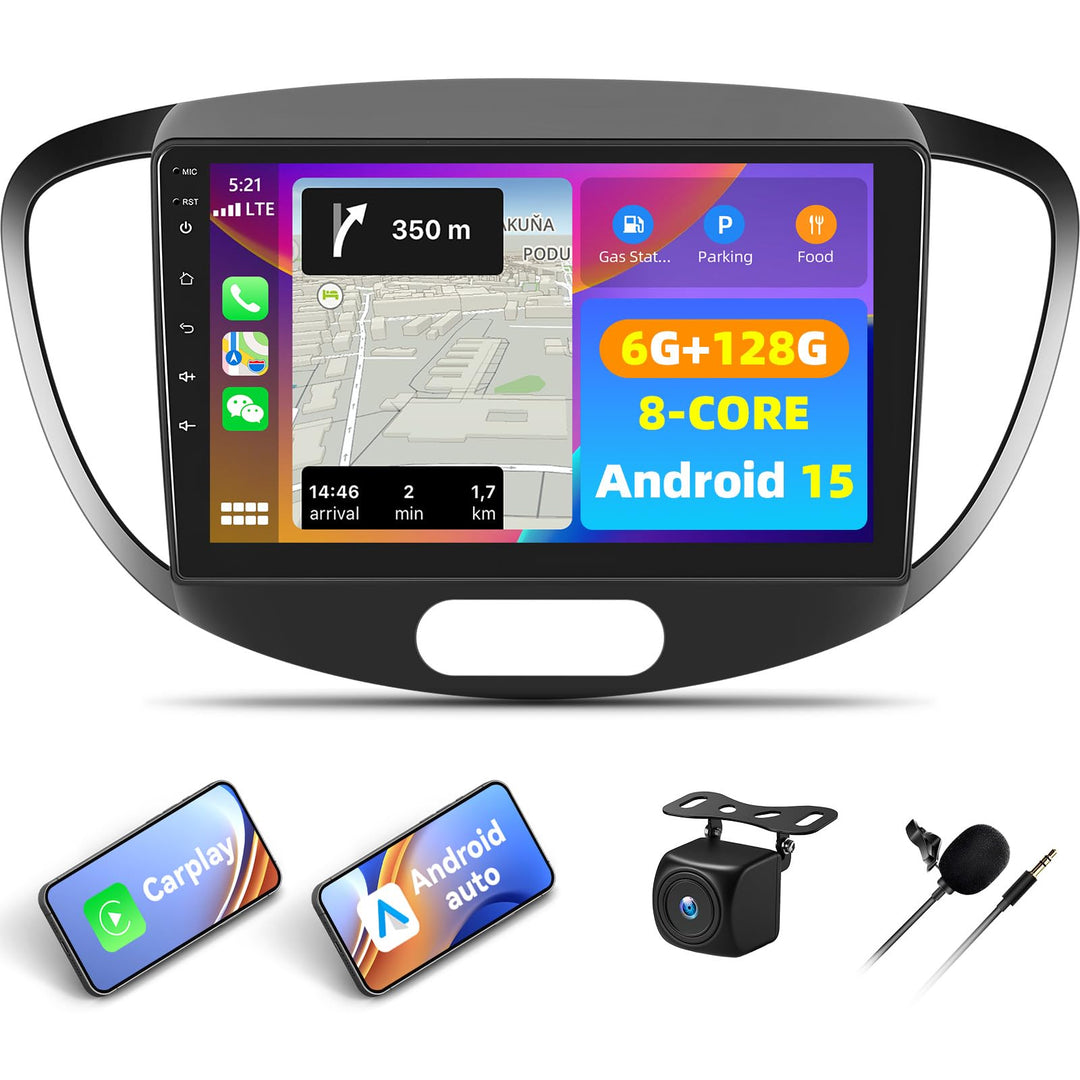 Android 15, 6G+128G 8Core CAMECHO Autoradio Navi für Hyundai i10 2007-2013 mit Carplay Android Auto