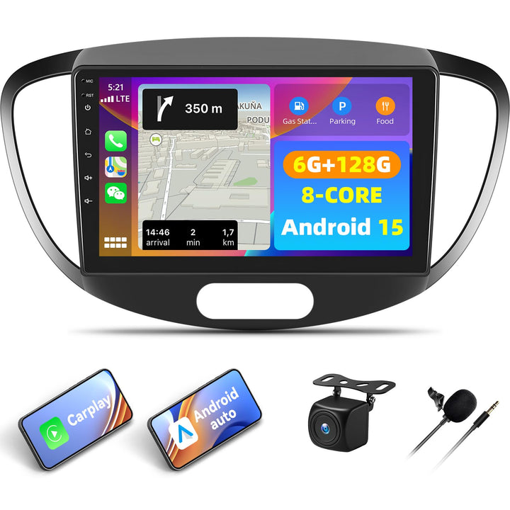Android 15, 6G+128G 8Core CAMECHO Autoradio Navi für Hyundai i10 2007-2013 mit Carplay Android Auto